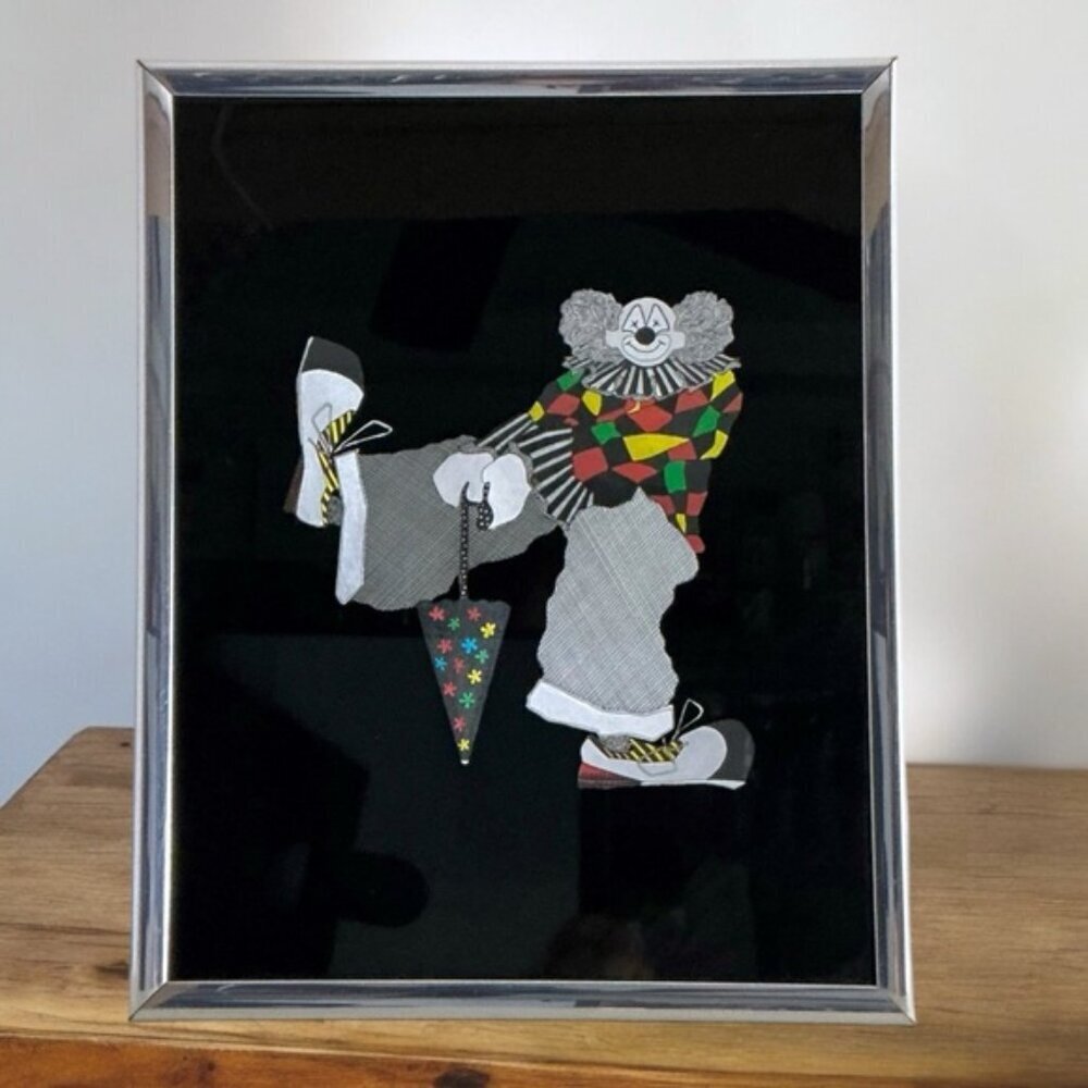 Kafka Etched Foil Art Clown Iridescent Metallic Reflective Wall Art Framed 1985
